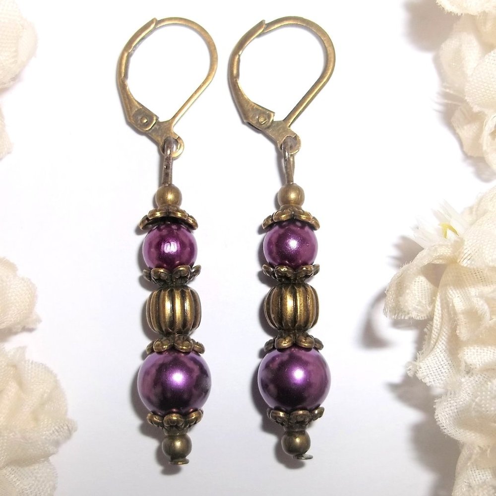 Boho Earrings, Earrings, Boho, Purple and Bronze, Pearl Earrings, Bohemian 7397